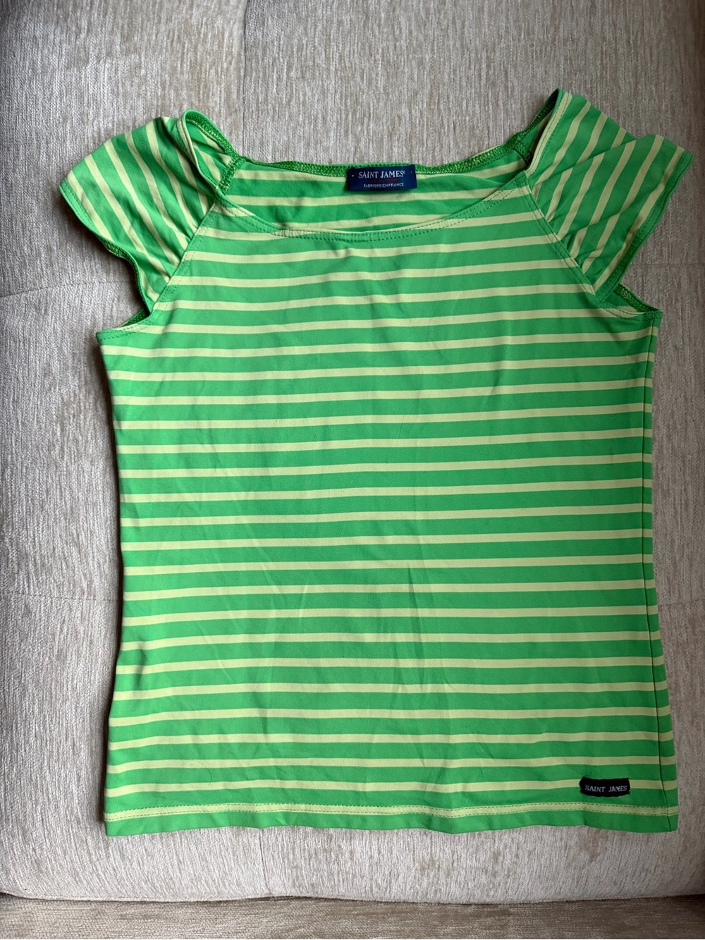 Saint James Green Striped Cap-Sleeve Swim Top XS
